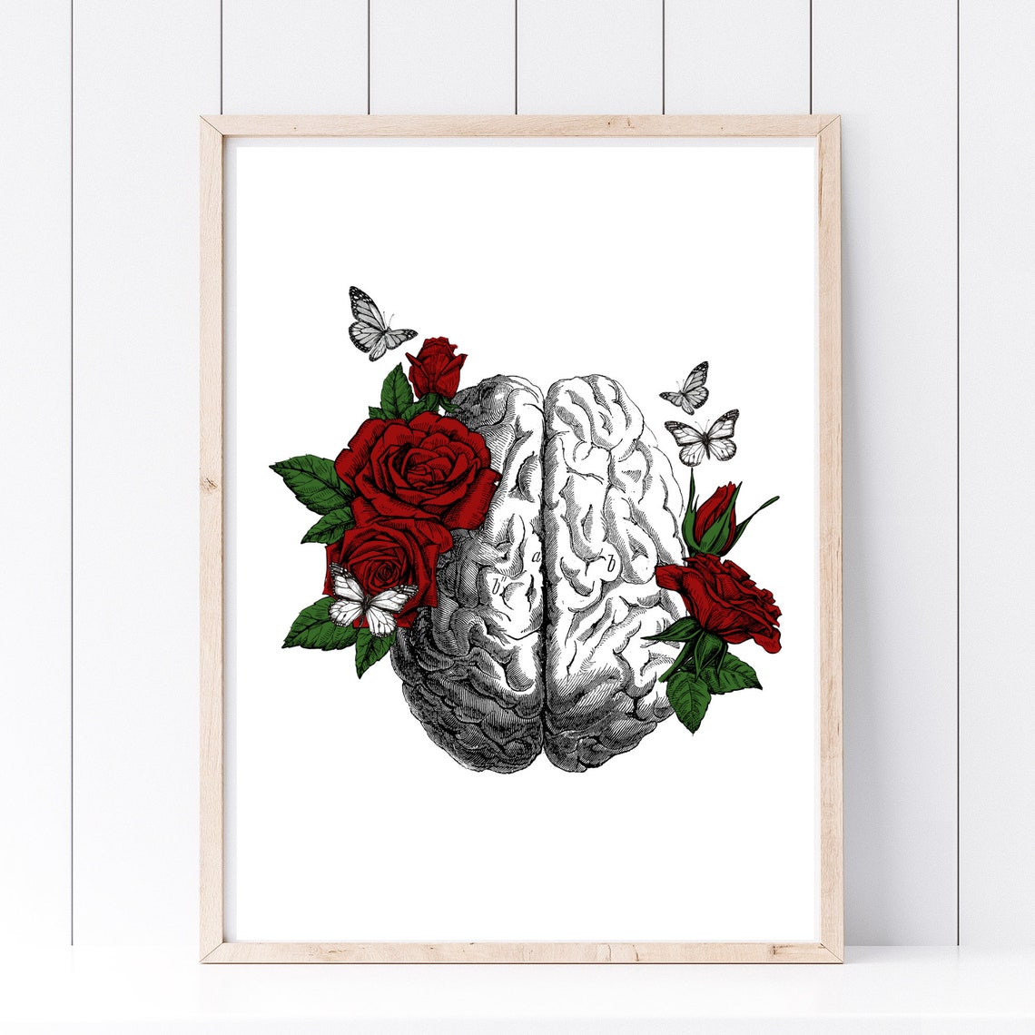 Human Brain With Red Roses Butterfly Vintage Anatomy Art Print