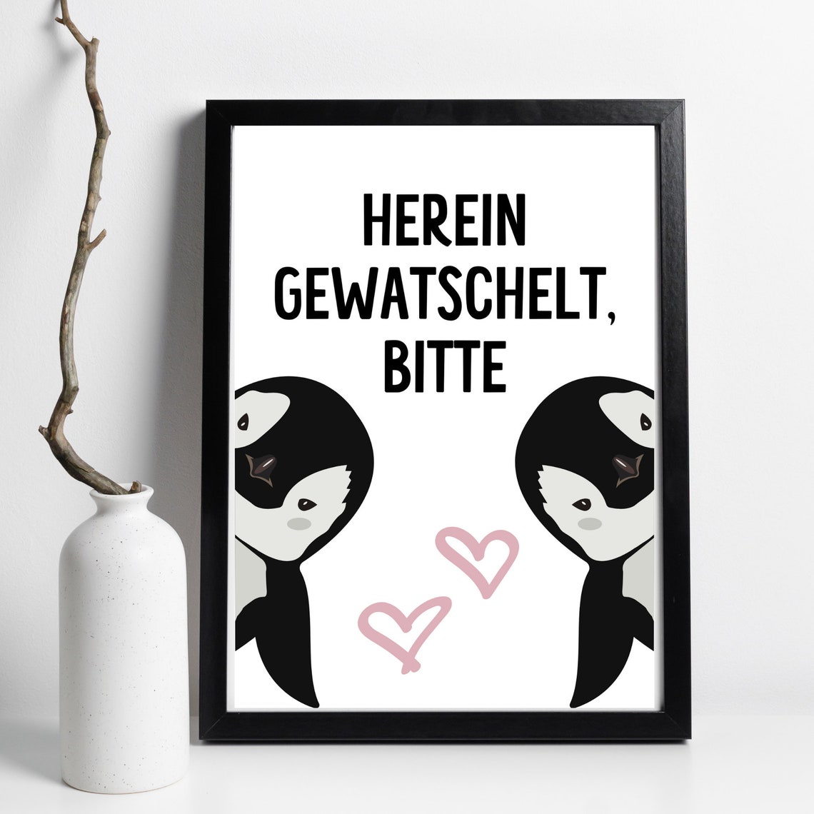 Waddle In Please Cute Penguin Pair Pink Hearts Welcome Poster - Image 2