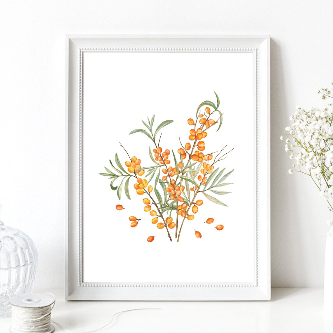 Sea Buckthorn Orange Berries Watercolor Botanical Branch Gift Poster