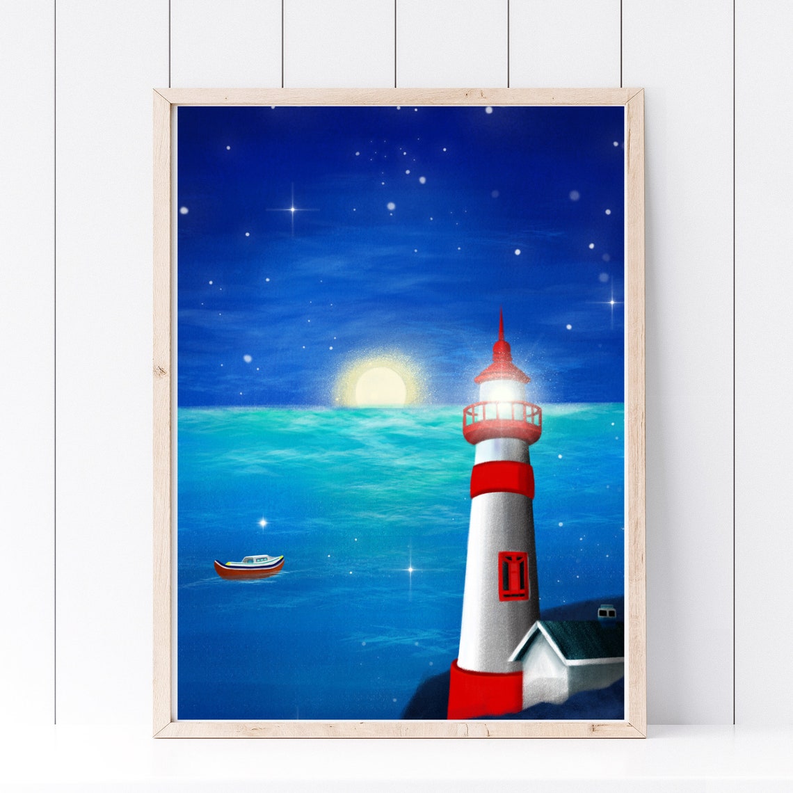 Red White Lighthouse Night Coast Moonlit Sea Boat Art Poster - Image 4
