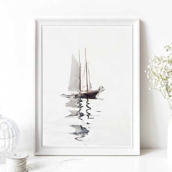 Minimalist Sailboat Watercolor Gray Sailing Boat Calm Sea Nautical Poster