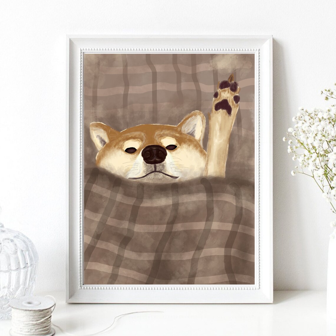 Sleepy Shiba Inu Dog Tucked In Plaid Blanket Paw Up Funny Wall Art
