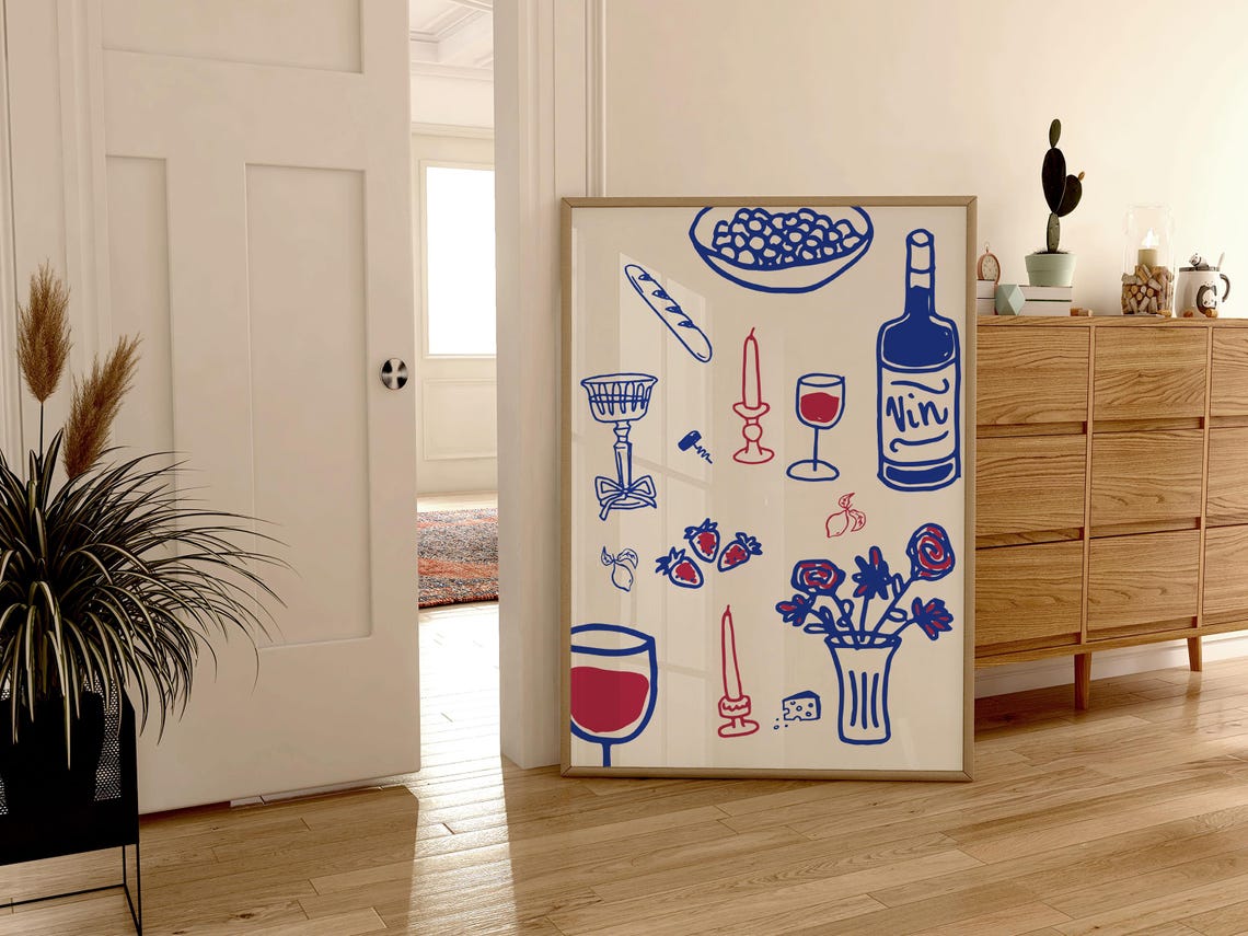 Navy Blue French Wine Dinner Table Line Art Kitchen Bar Cart Poster - Image 3