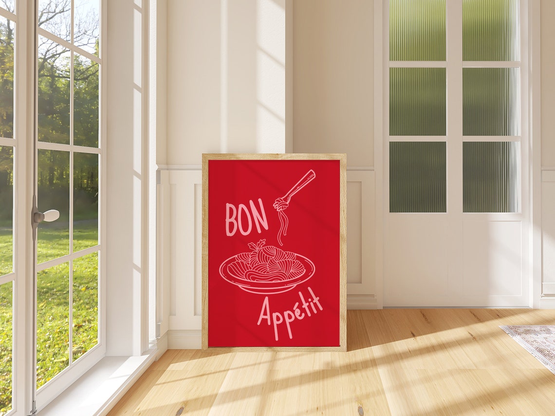 Bon Appetit Red Pasta Spaghetti Line Art French Kitchen Wall Poster - Image 2