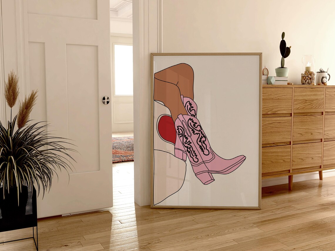 Pink Cowgirl Western Boots Boho Art Print