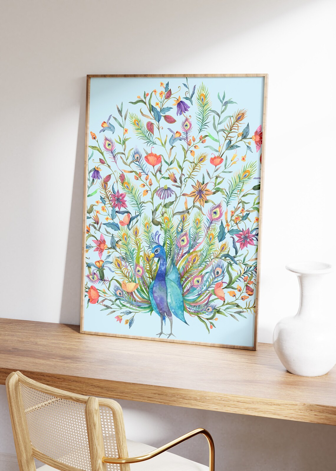Blue Peacock Boho Art Print, Mid-Century Decor - Image 3