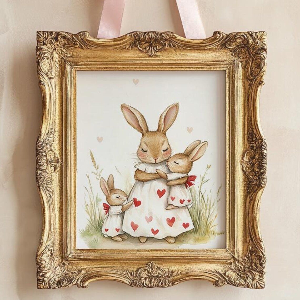 Mama Rabbit With Baby Bunnies Heart Dress Nursery Watercolor Poster - Image 5