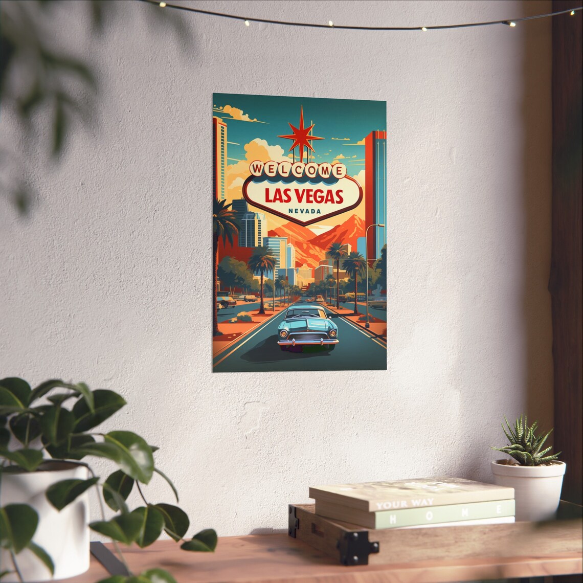 Las Vegas Nevada Welcome Sign Classic Car Retro Sunset Travel Poster - Image 2