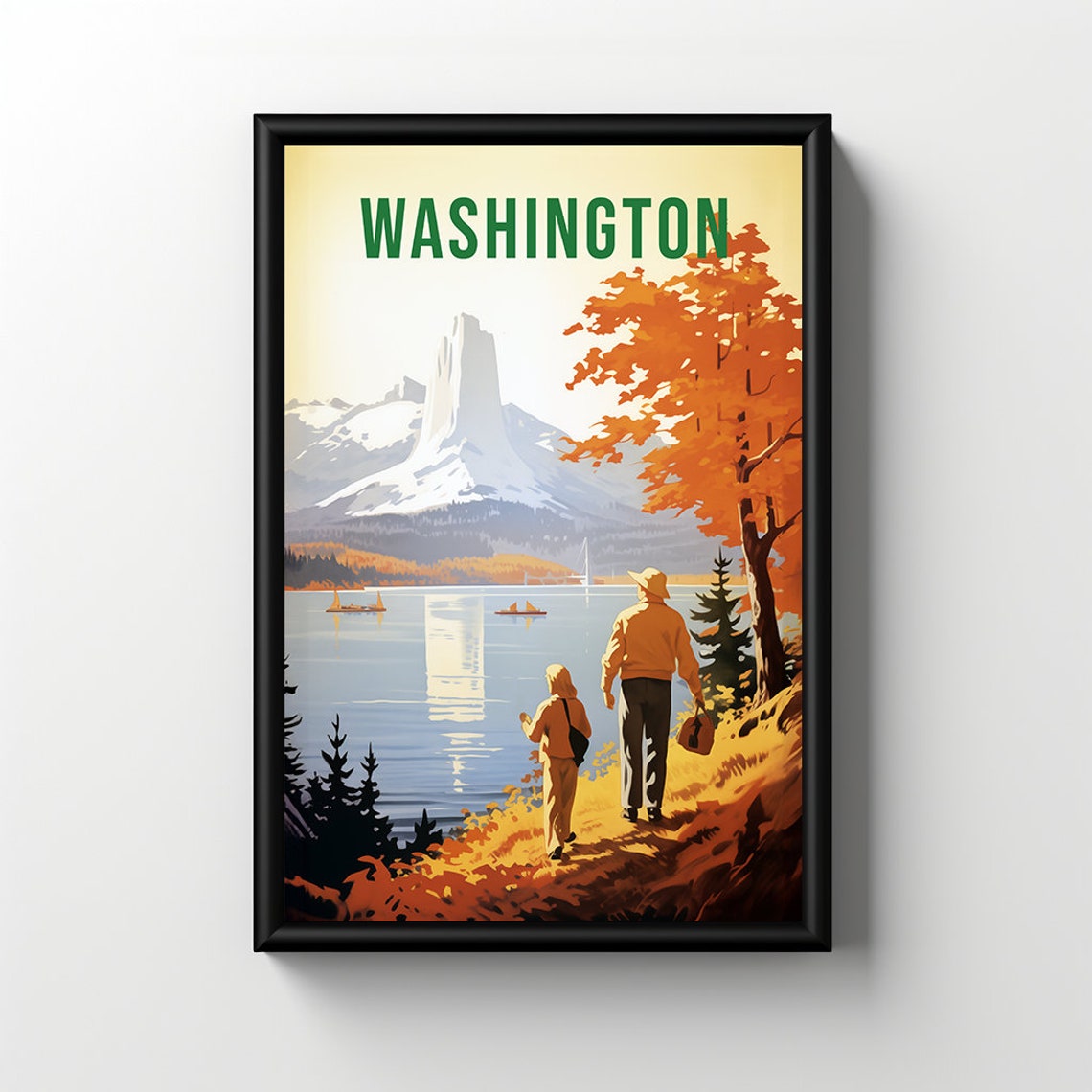 Washington State Autumn Lake Hikers Mountain Retro Travel Poster