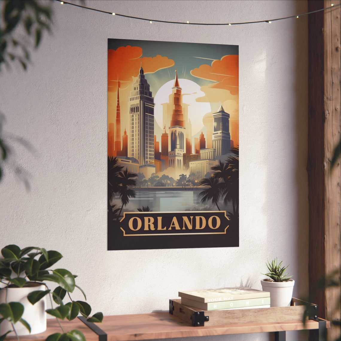 Orlando Florida Downtown Skyline Palms Dusk Retro Art Poster - Image 2