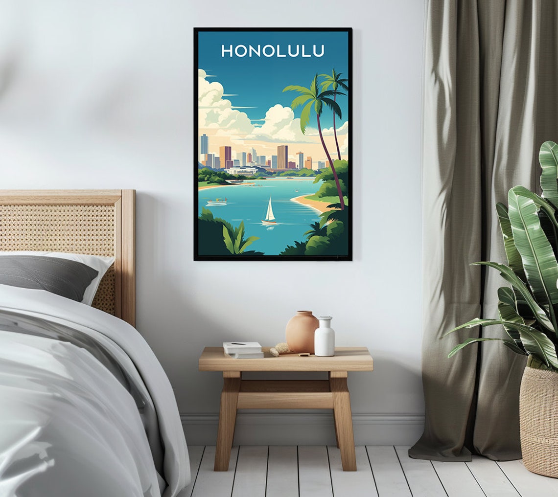 Honolulu Hawaii Skyline Palm Trees Bay Sailboat Retro Travel Poster - Image 2