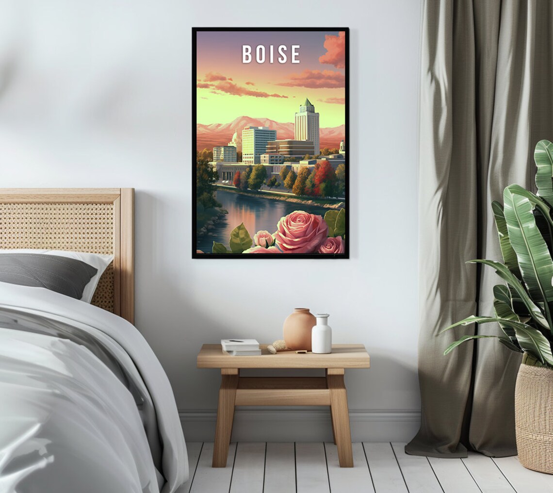 Boise Idaho Sunset Skyline River Roses Vintage City Travel Poster - Image 3