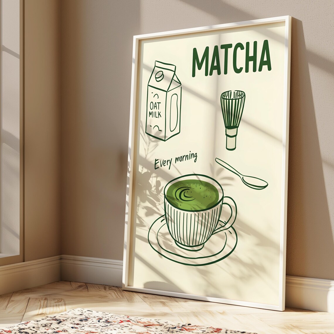 Matcha Every Morning Oat Milk Whisk Green Line Art Kitchen Poster - Image 5