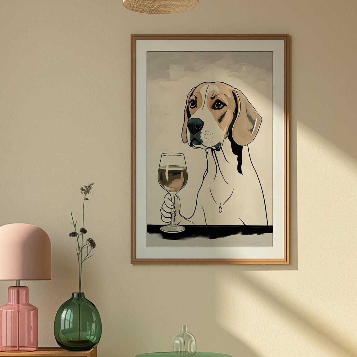 Beagle Dog Holding White Wine Glass Beige Painterly Pet Art Poster - Image 4