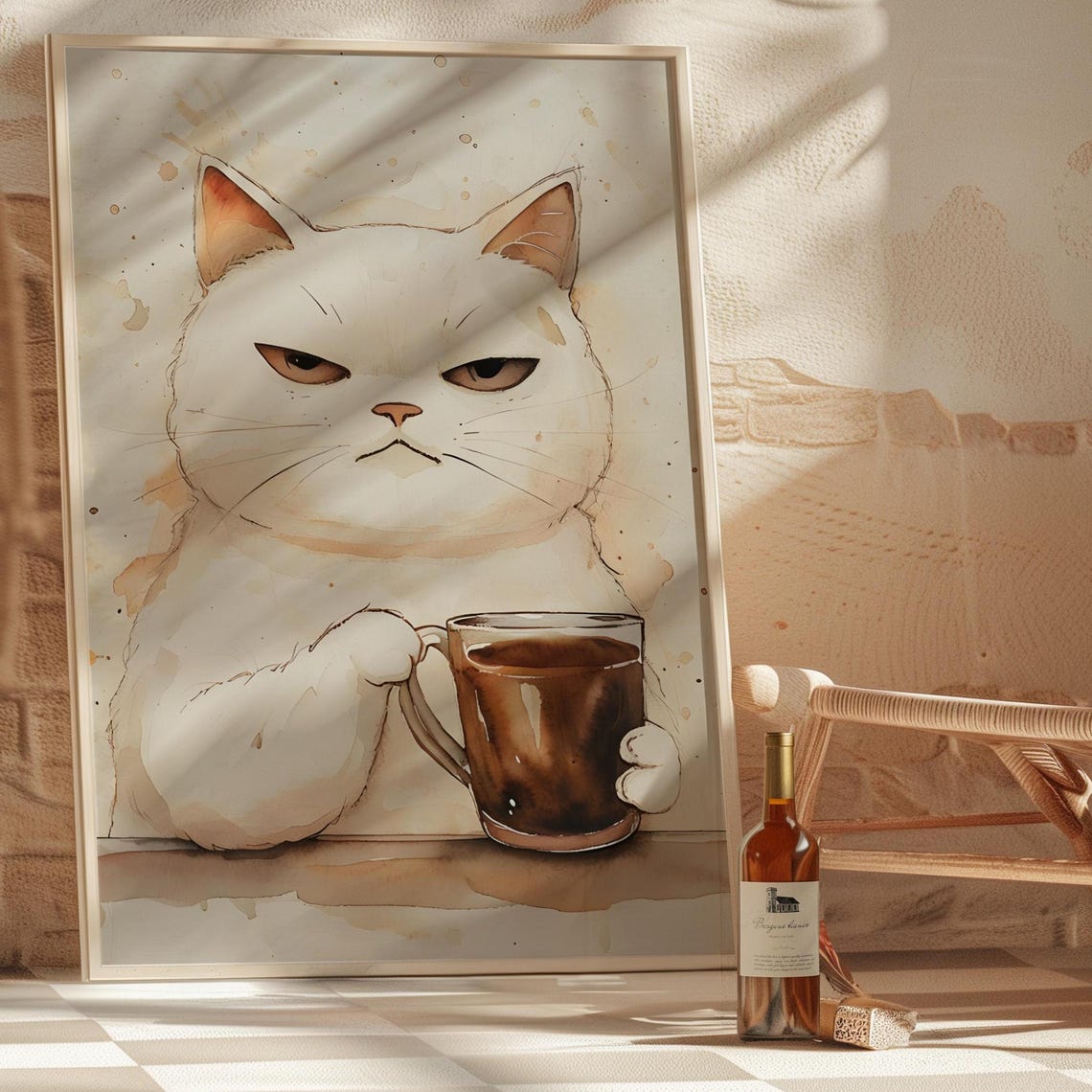 Grumpy White Cat Holding Coffee Cup Watercolor Funny Pet Art Poster - Image 4