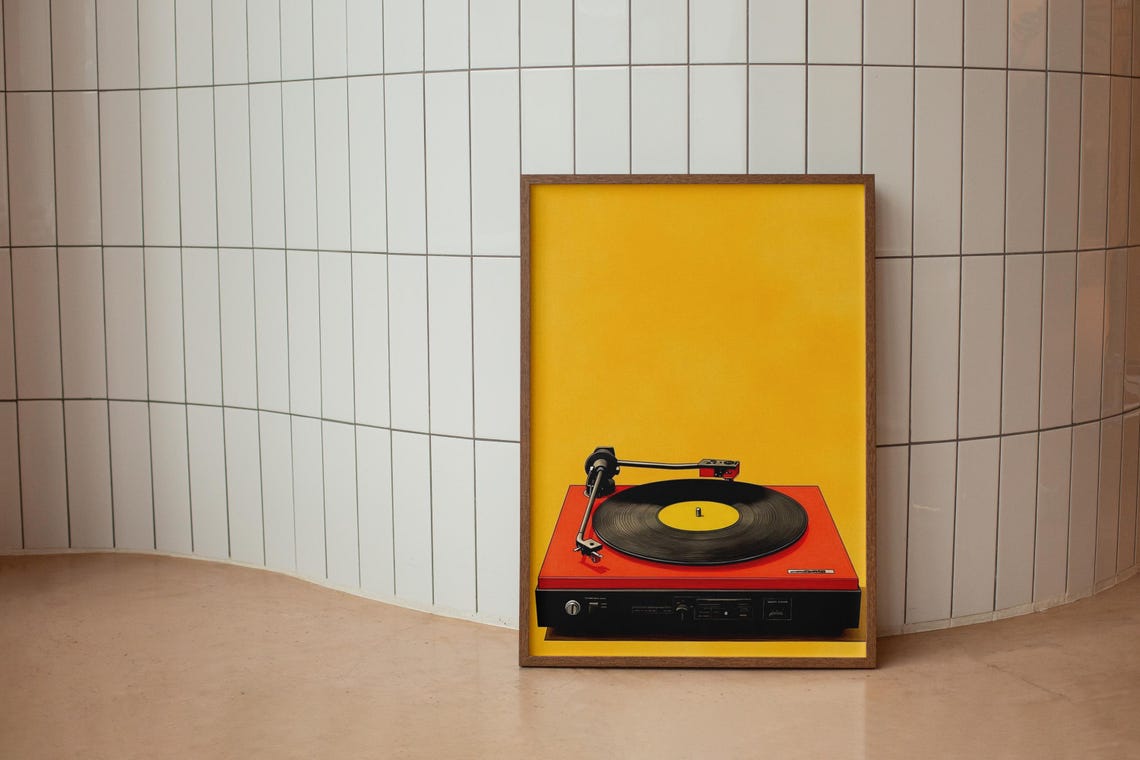 Red Turntable Yellow Background Bold Retro Music Decor Poster
