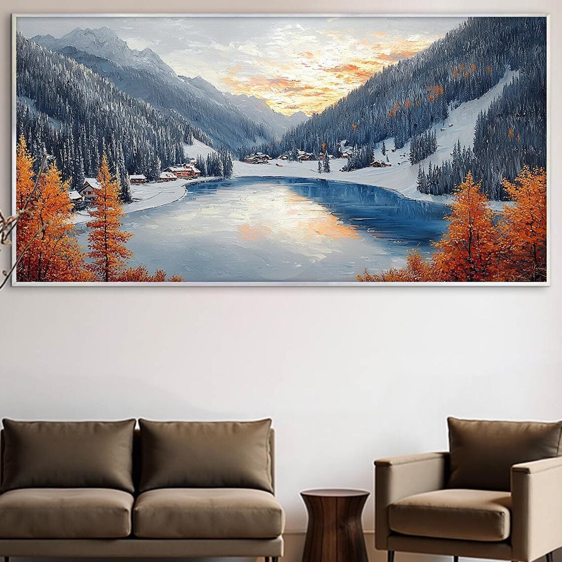 Alpine Lake Sunset Orange Larches Snow Village Impasto Art Poster