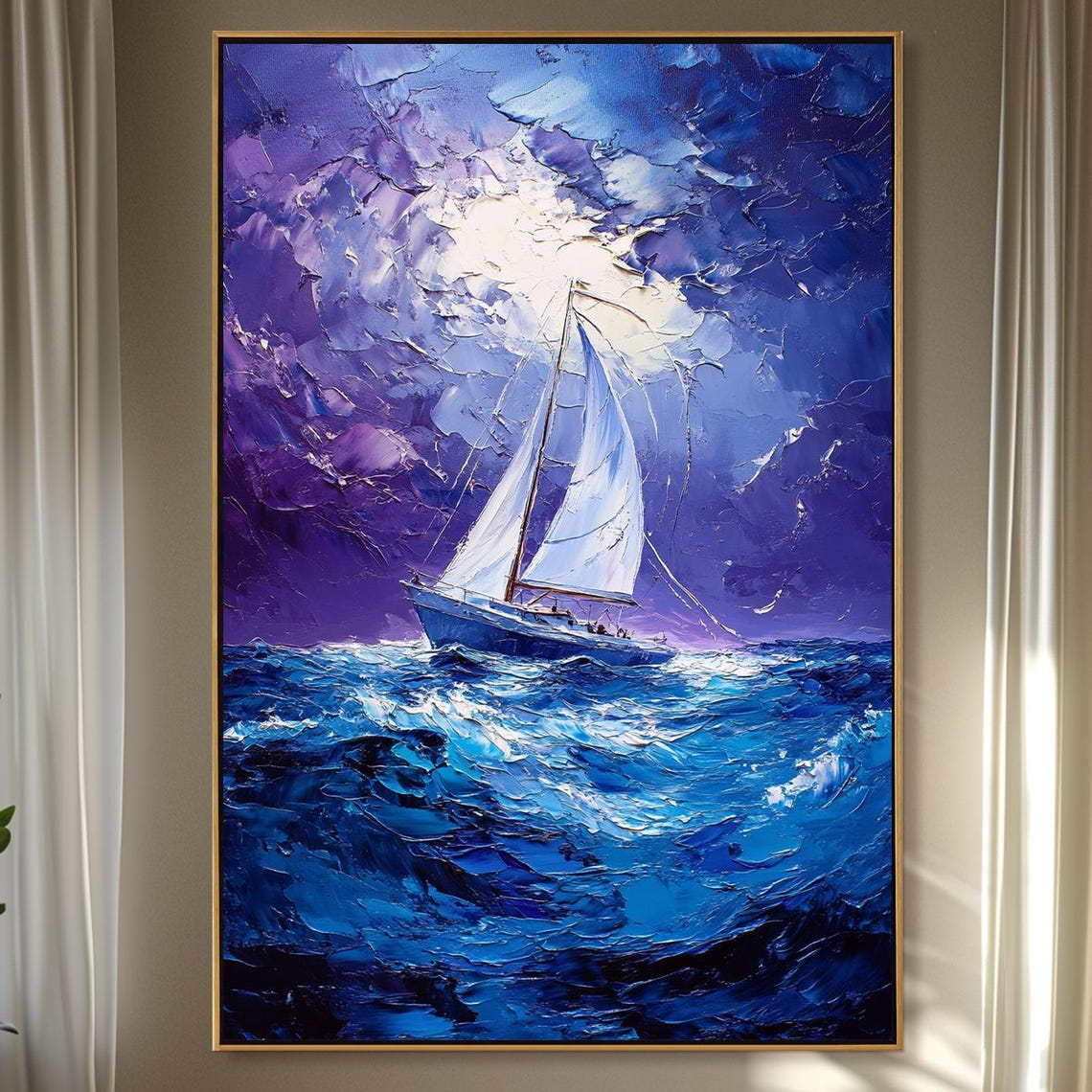 Sailboat Stormy Night Seas Purple Waves Impasto Dramatic Art Poster