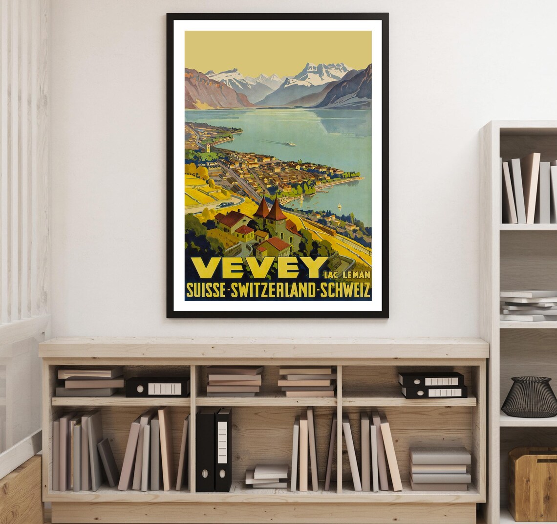 Vevey Switzerland Vintage Lake Geneva Alps Travel Art Poster - Image 3