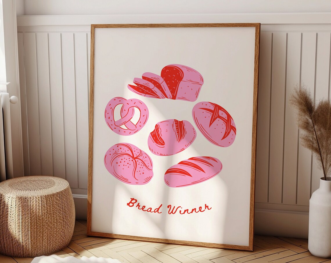 Bread Winner Pink Bread Loaf Pretzel Kitchen Illustration Print