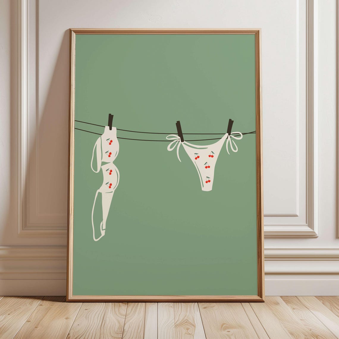 Cherry Bikini Set on a Clothesline Trendy Summer Swim Poster Art