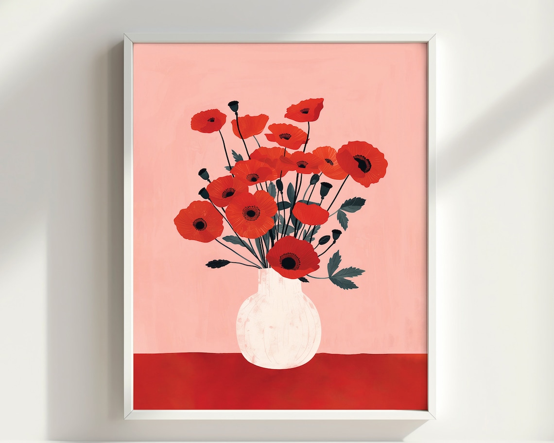 Red Poppies White Vase Minimalist Floral Still Life Pink Bloom Poster - Image 2