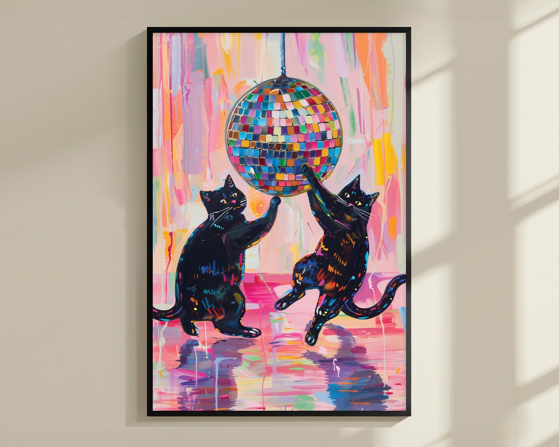 Black Cats Catching Disco Ball Poster Print - Image 3