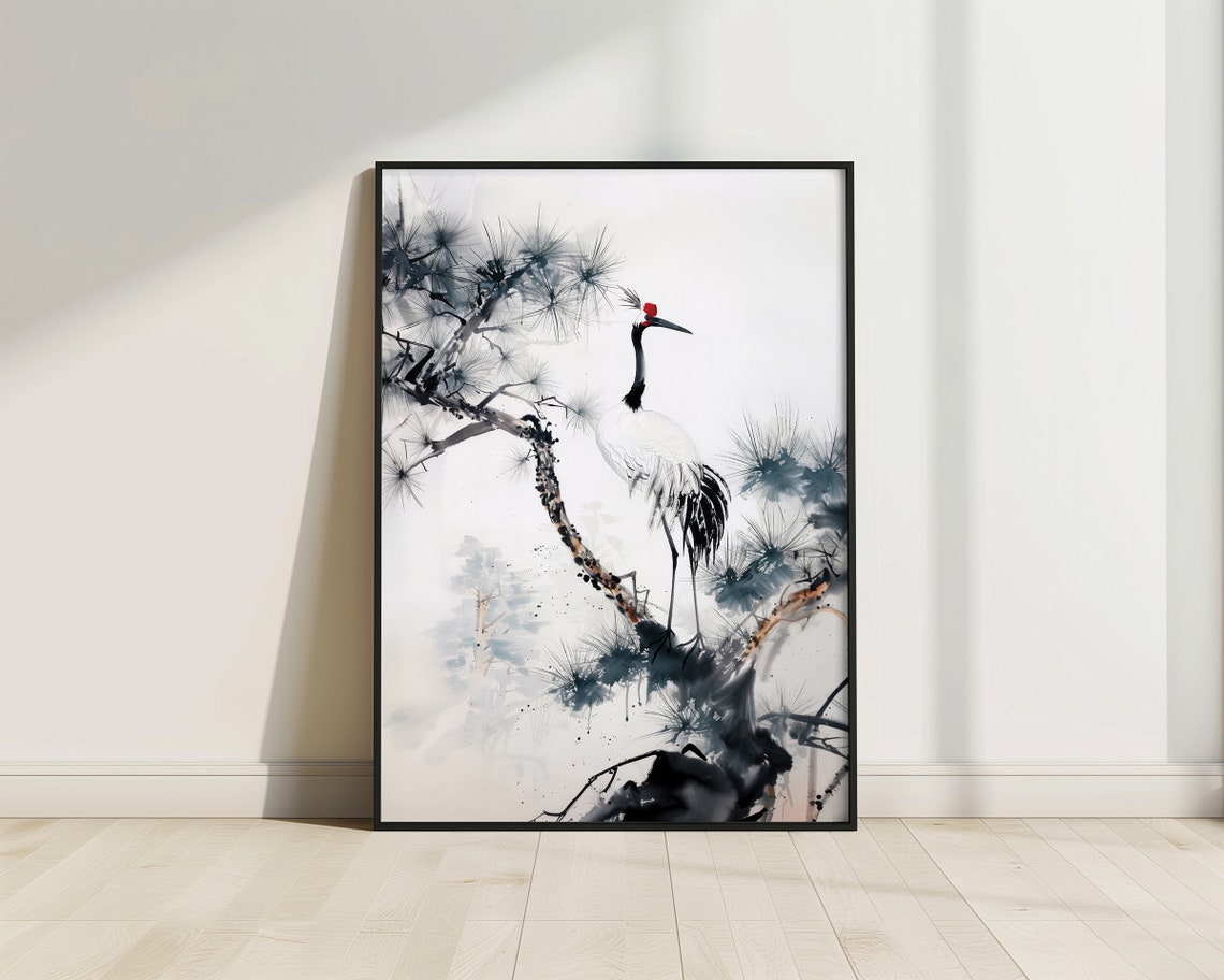 Red Crowned Crane Pine Branch Chinese Ink Painting Bird Nature Poster