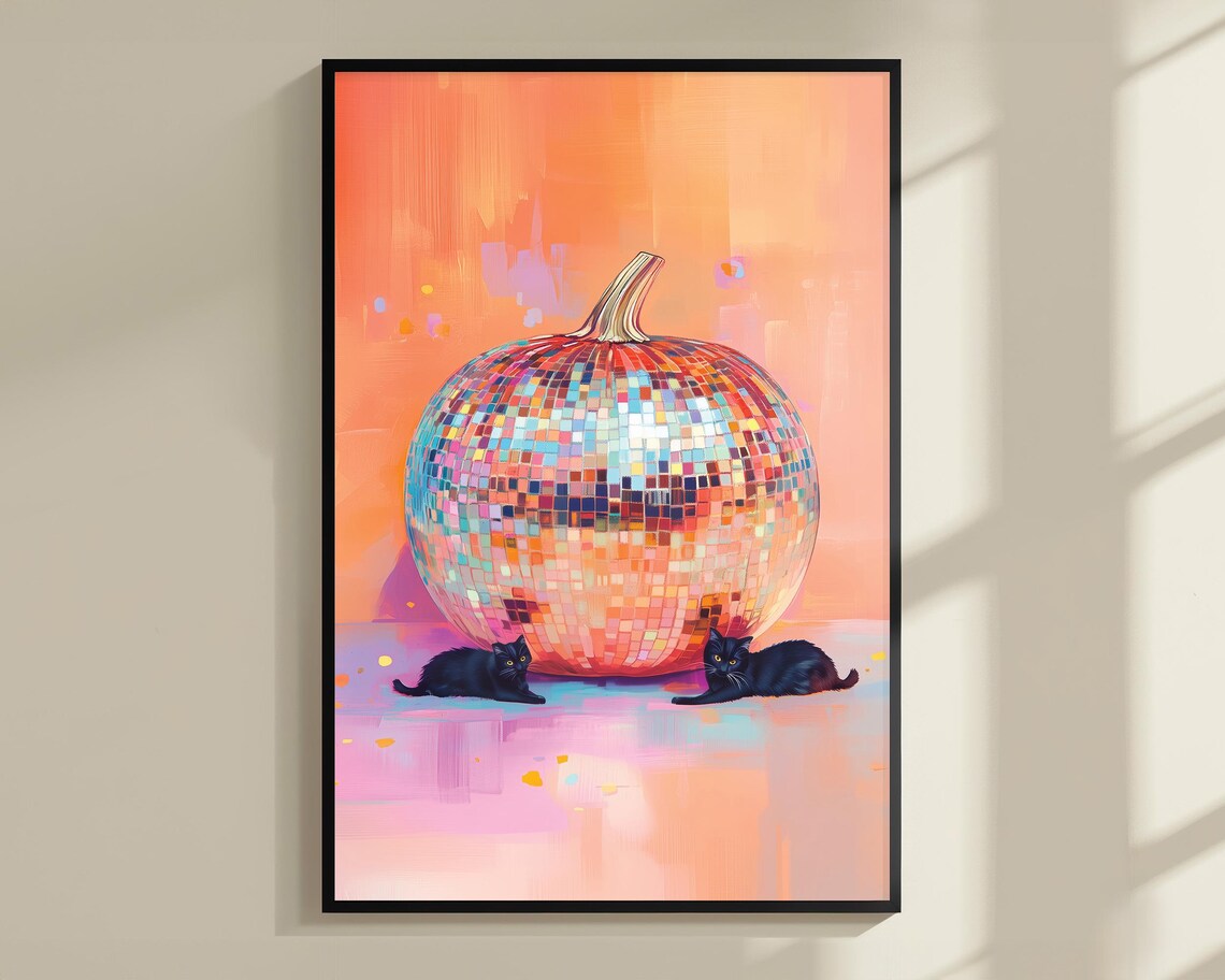 Rainbow Disco Ball Pumpkin Black Cats Halloween Glam Sparkle Fall Poster