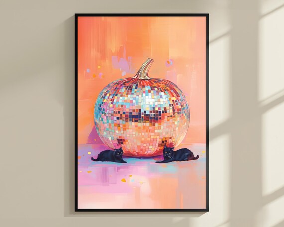 Rainbow Disco Ball Pumpkin Black Cats Halloween Glam Sparkle Fall Poster