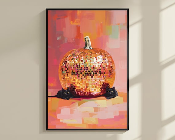 Gold Disco Ball Pumpkin Black Cats Halloween Shimmer Warm Fall Poster
