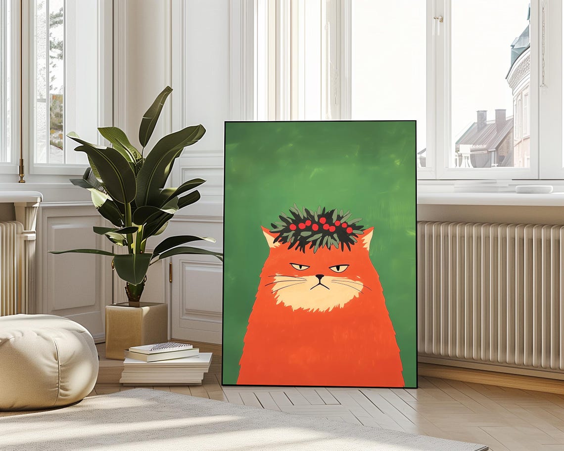 Ginger Cat With Christmas Wreath Cat Poster Print Christmas Print Xmas Poster Funny Animal Print Vivid Oil Painting Orange Cat Art - Image 4