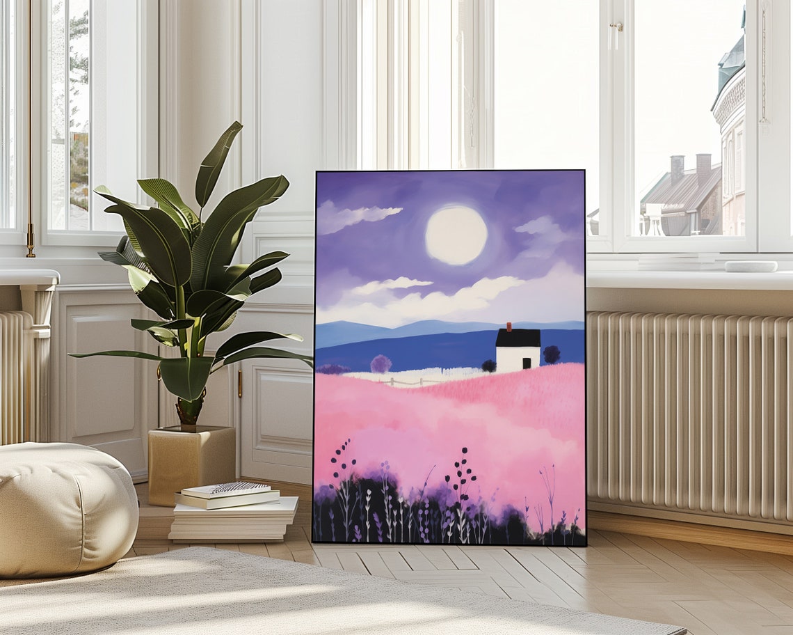 Pink Meadow White Cottage Moonlight Folk Art Landscape Print - Image 4