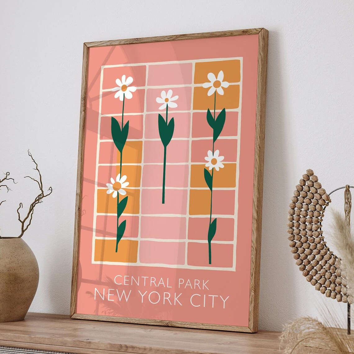 Peach Retro Central Park New York City Daisies Floral Poster
