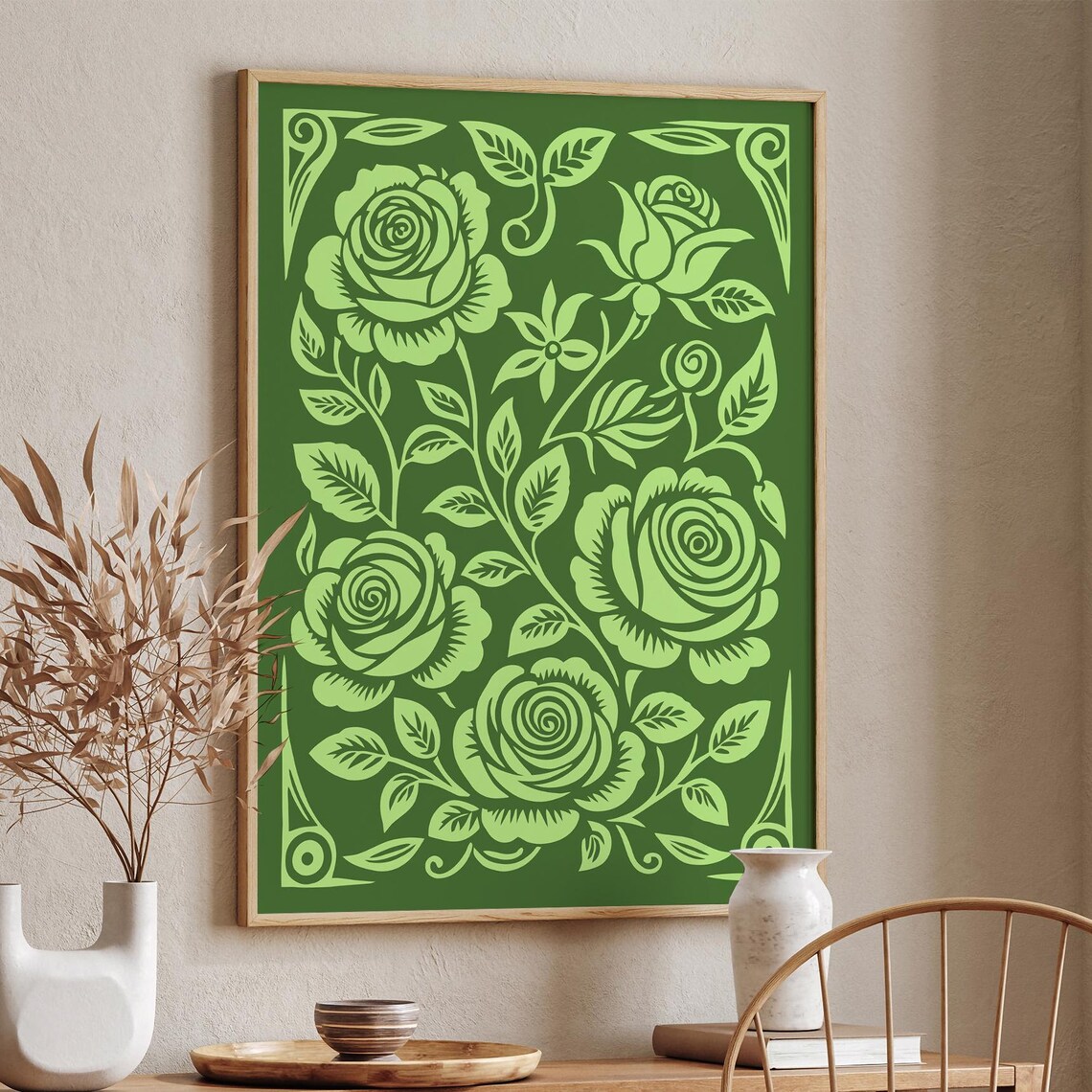 Lime Green Roses Monochrome Vintage Floral Botanical Art Poster - Image 6
