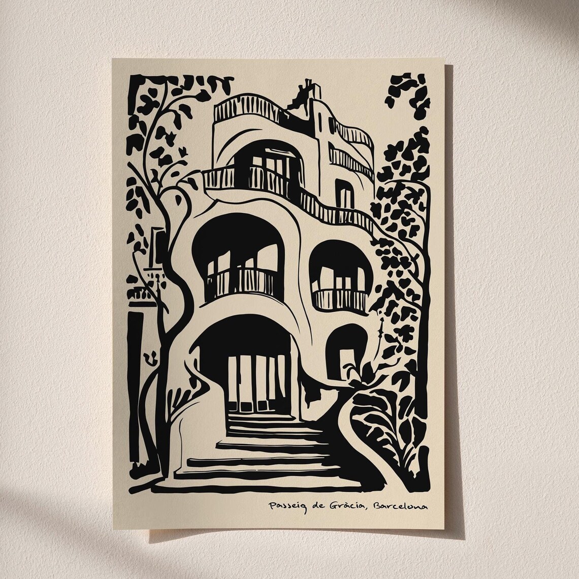 Casa Batllo Barcelona Black Ink Architectural Sketch Style Poster