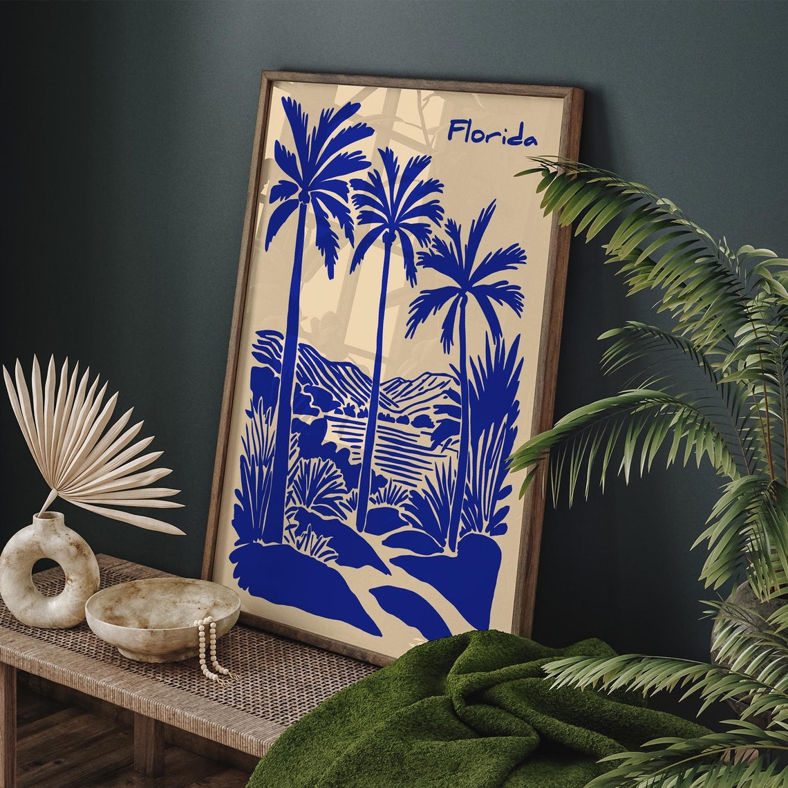 Vintage Florida Palm Trees Blue Linocut Beach Poster On Cream - Image 6