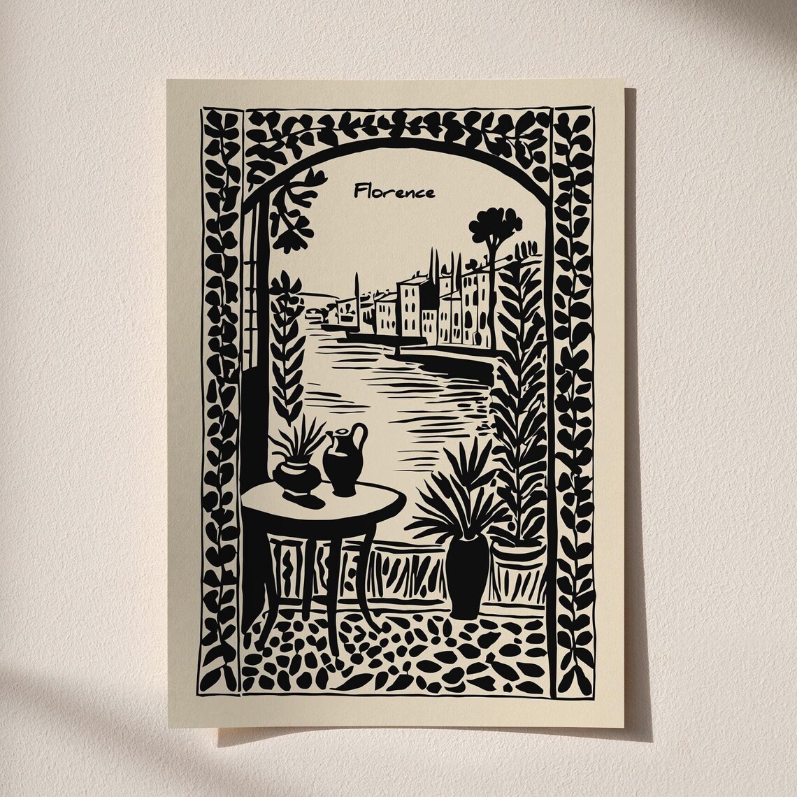 Florence Arno River Terrace Black Ink Italy Travel Art Poster