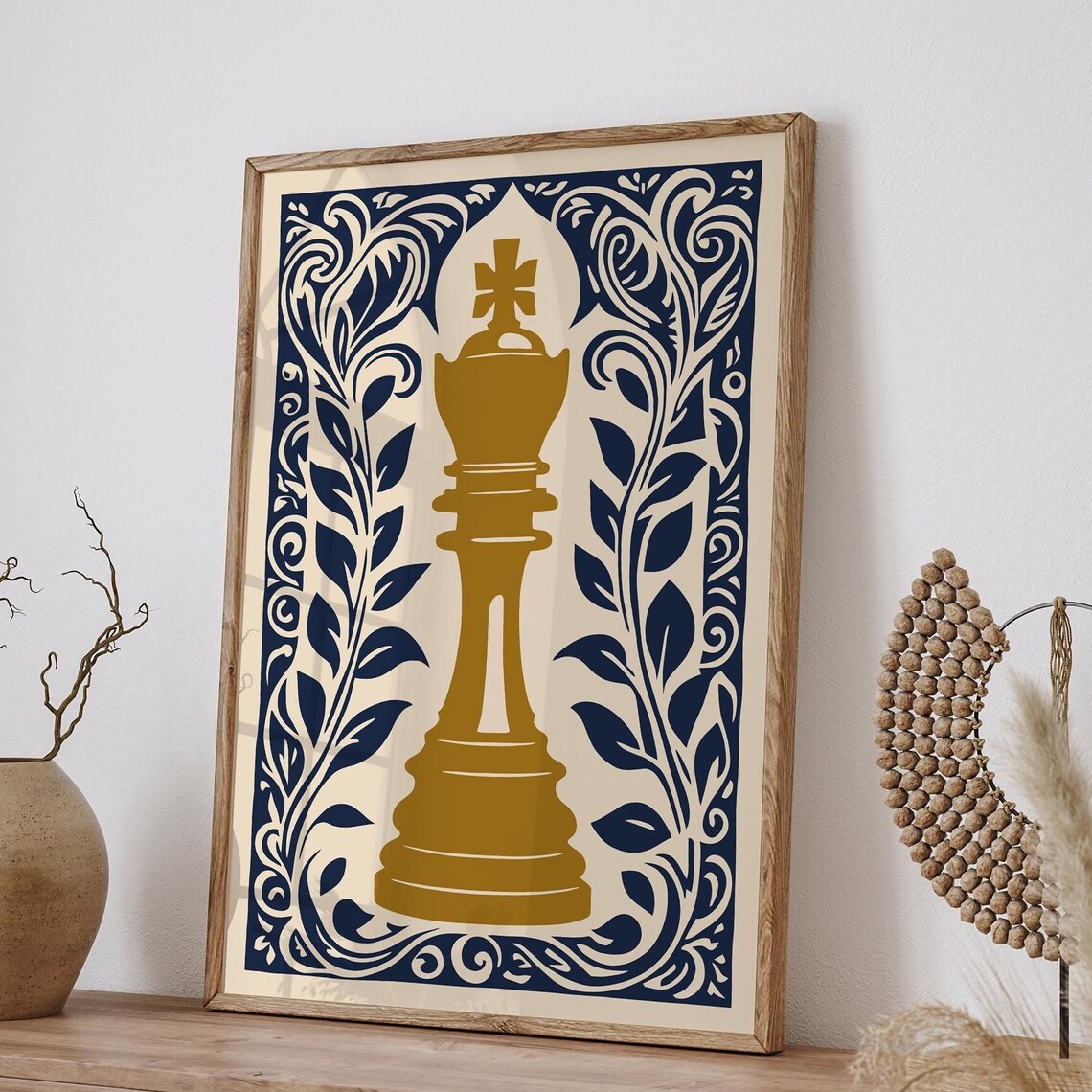 Gold Chess King Navy Botanical Linocut Style Game Room Poster