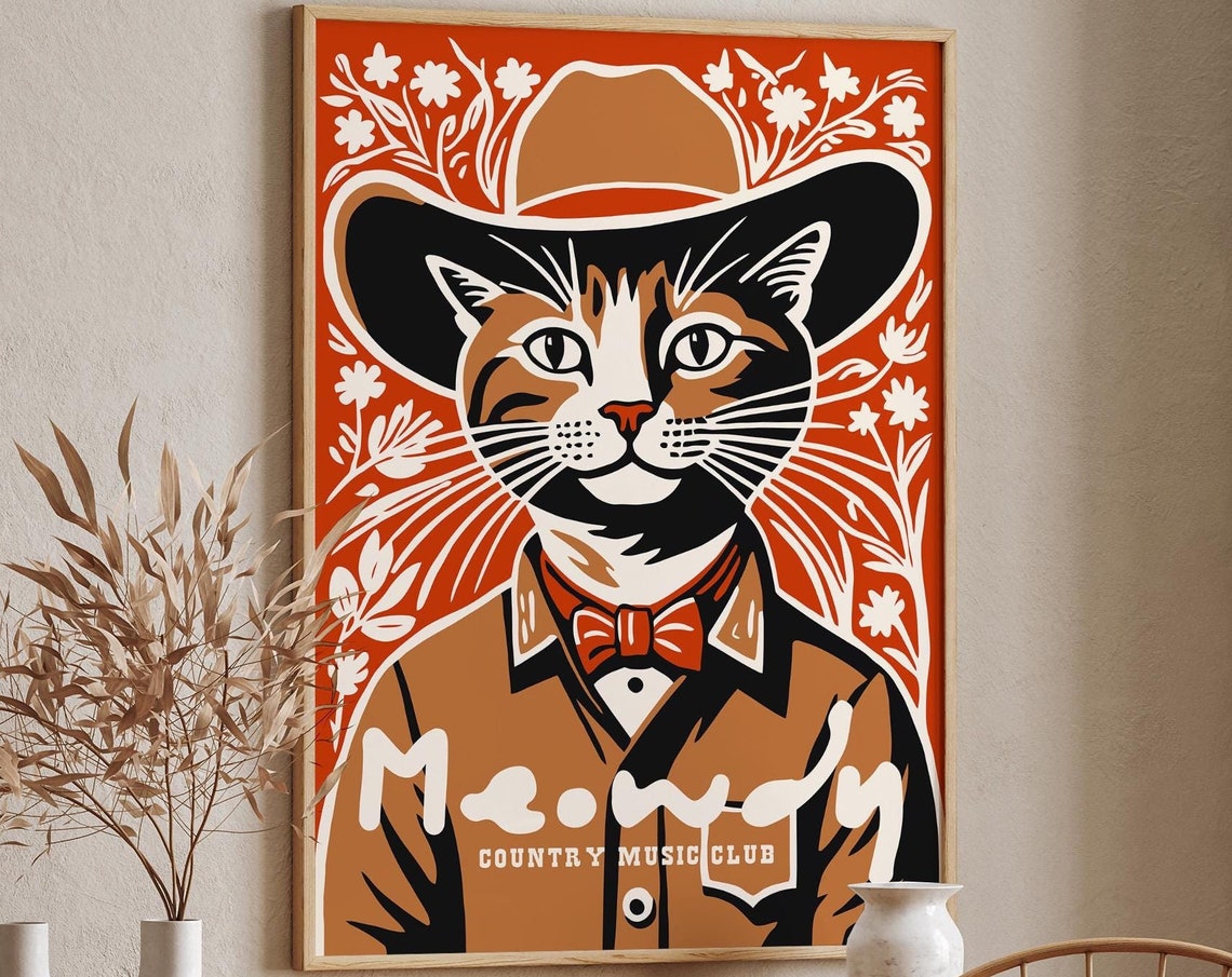 Country Cat Cowboy Poster Meowdy Country Music Club Art Print Rustic Western Decor Cat Lovers Gift Country Music Fan Gift Airbnb Decor
