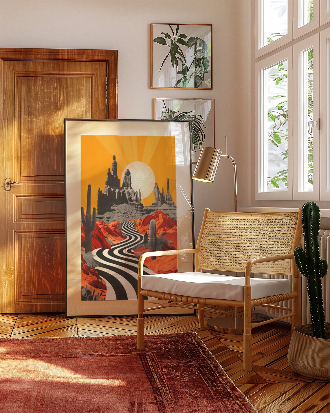 Surreal Black and White Striped Desert Road with Cacti Poster - Image 3