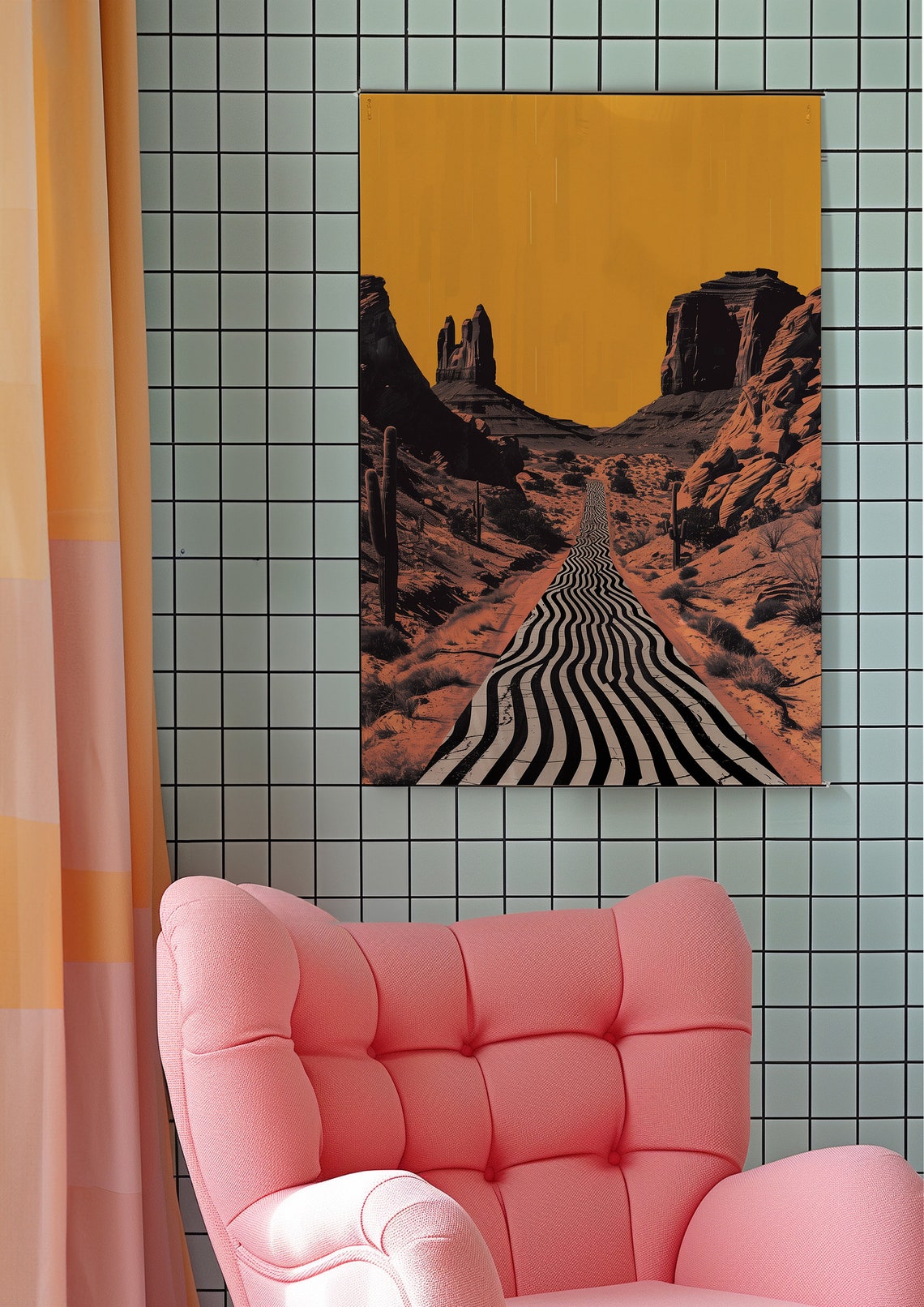 Graphic Wavy Striped Desert Canyon Road Under Golden Sky Poster - Image 5