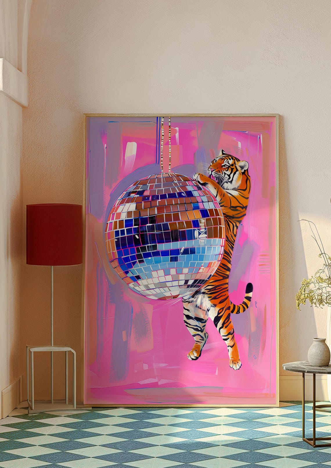 Tiger On Hanging Disco Ball Art Print Vibrant Pink Background Unique Modern Wall Decor Animal And Disco Theme Bold Home Decor - Image 8