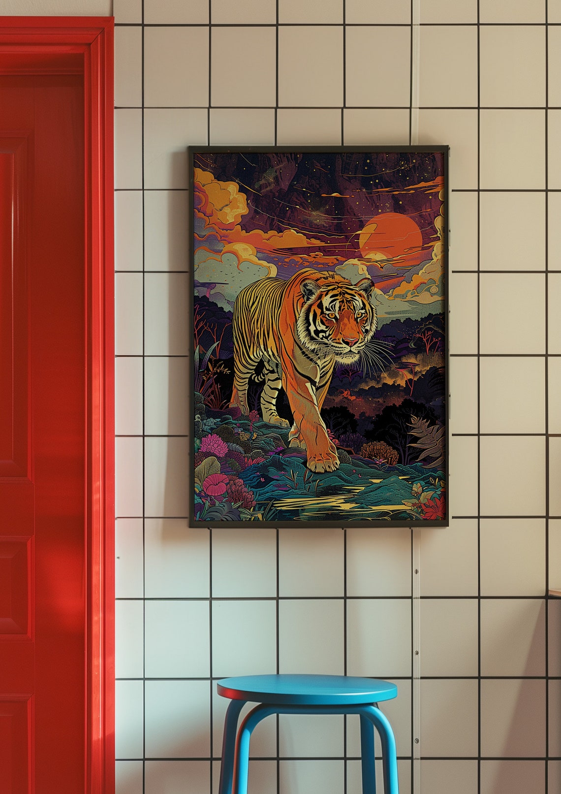 Majestic Tiger Walking Through Flowers at a Fiery Sunset Poster - Image 5