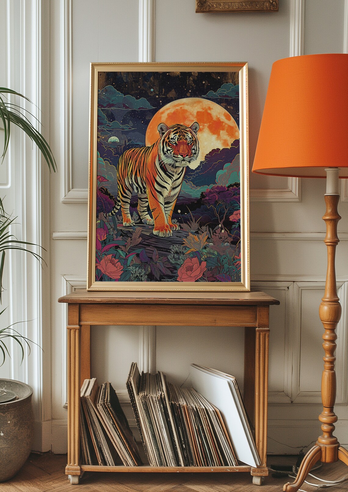 Tiger Standing Under Giant Moon Poster In Night Jungle Garden - Image 2