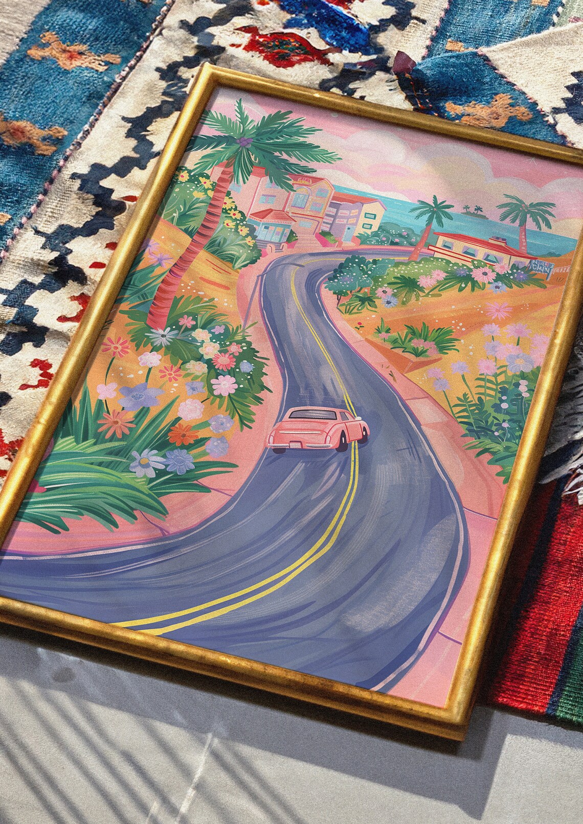 Coastal Road Drive Pink Vintage Car Palm Trees Seaside Travel Poster - Image 2