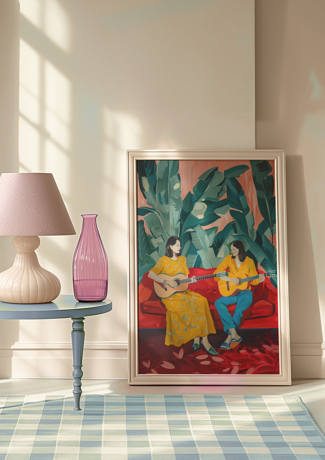Two Women Playing Guitars Red Sofa Botanical Music Art Print - Image 7
