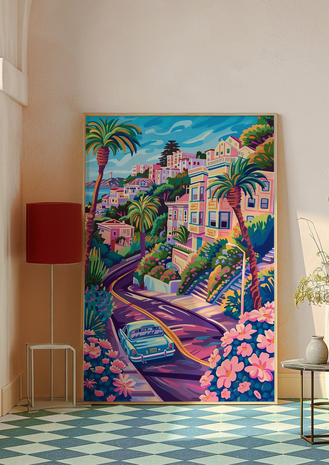 San Francisco Winding Hill Road Classic Teal Car Floral Travel Poster - Image 9