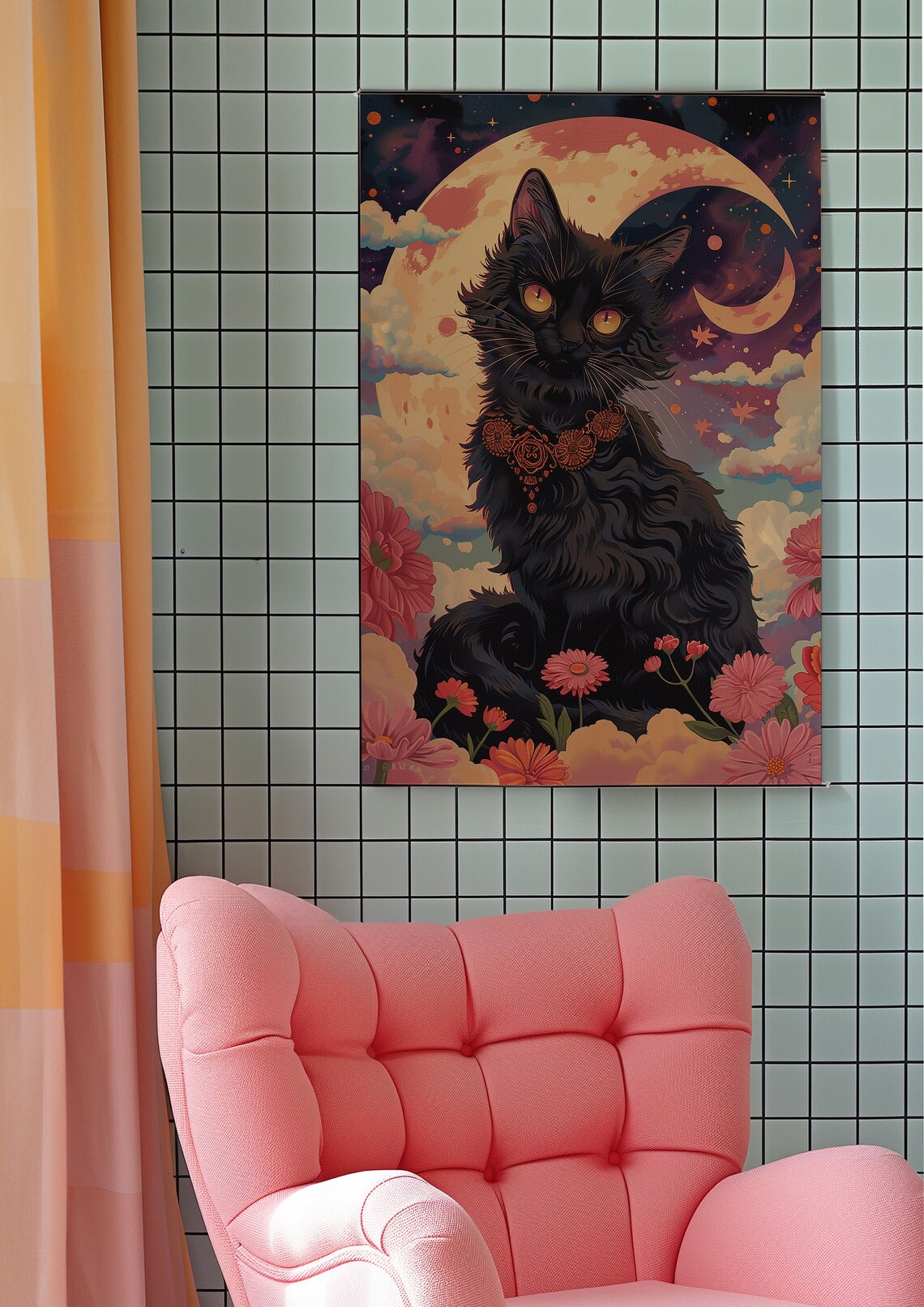 Mystical Black Cat Moonlit Sky Floral Fantasy Animal Wall Art - Image 7