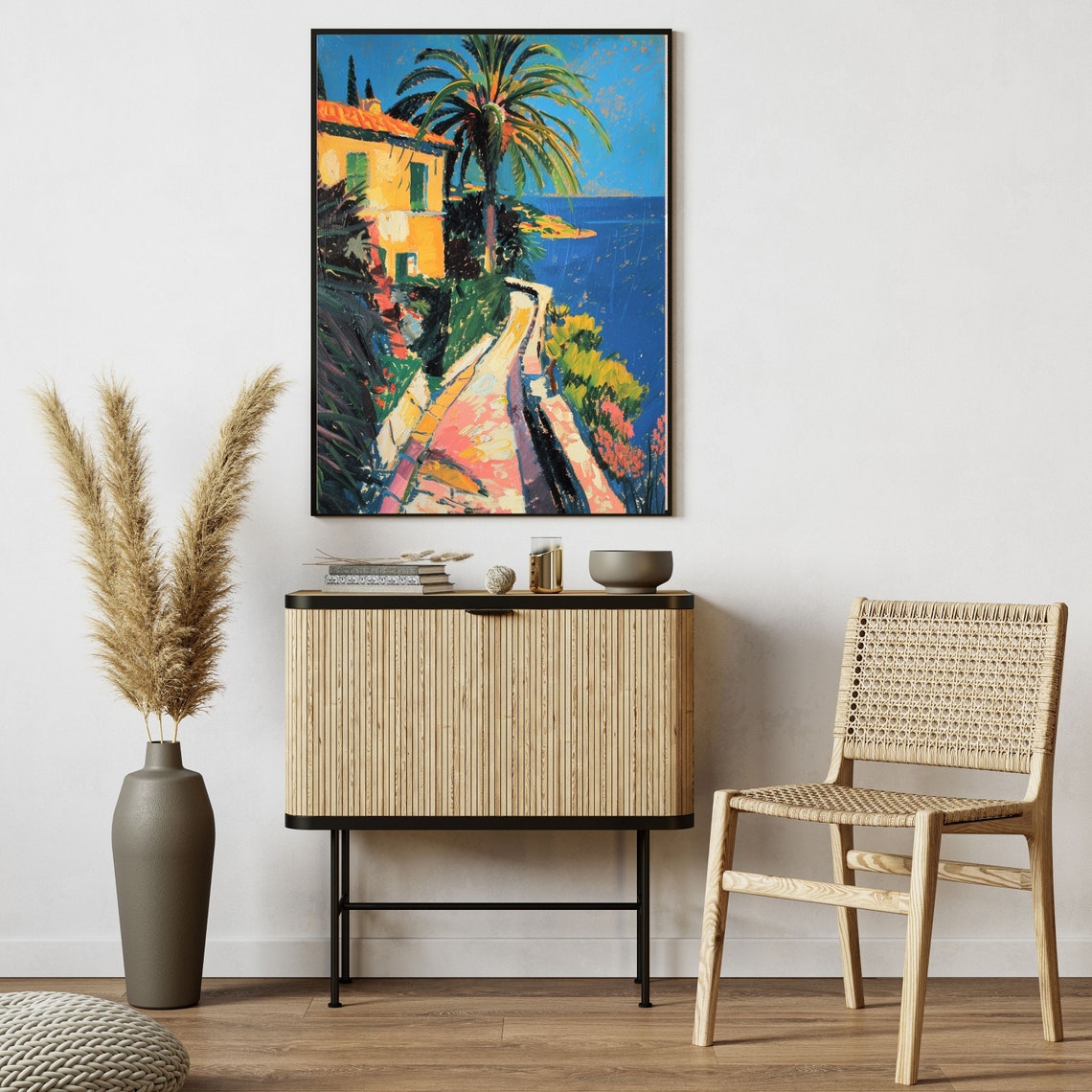 Sunlit Mediterranean Coastal House with Palm Path Summer Poster - Image 5